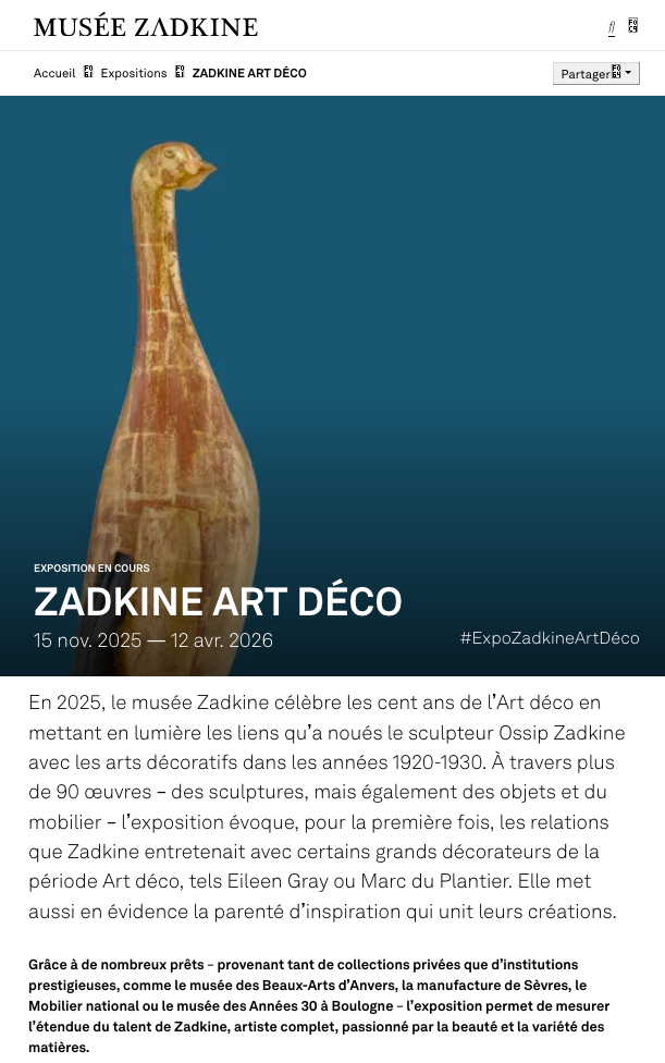 Page Internet. Le musée Zadkine célèbre les cent ans des arrts décoratifs et les liens noués  avec le sculpteur le sculpteur Ossip Zadkine dans les années 1920-1930. 2025-11-15